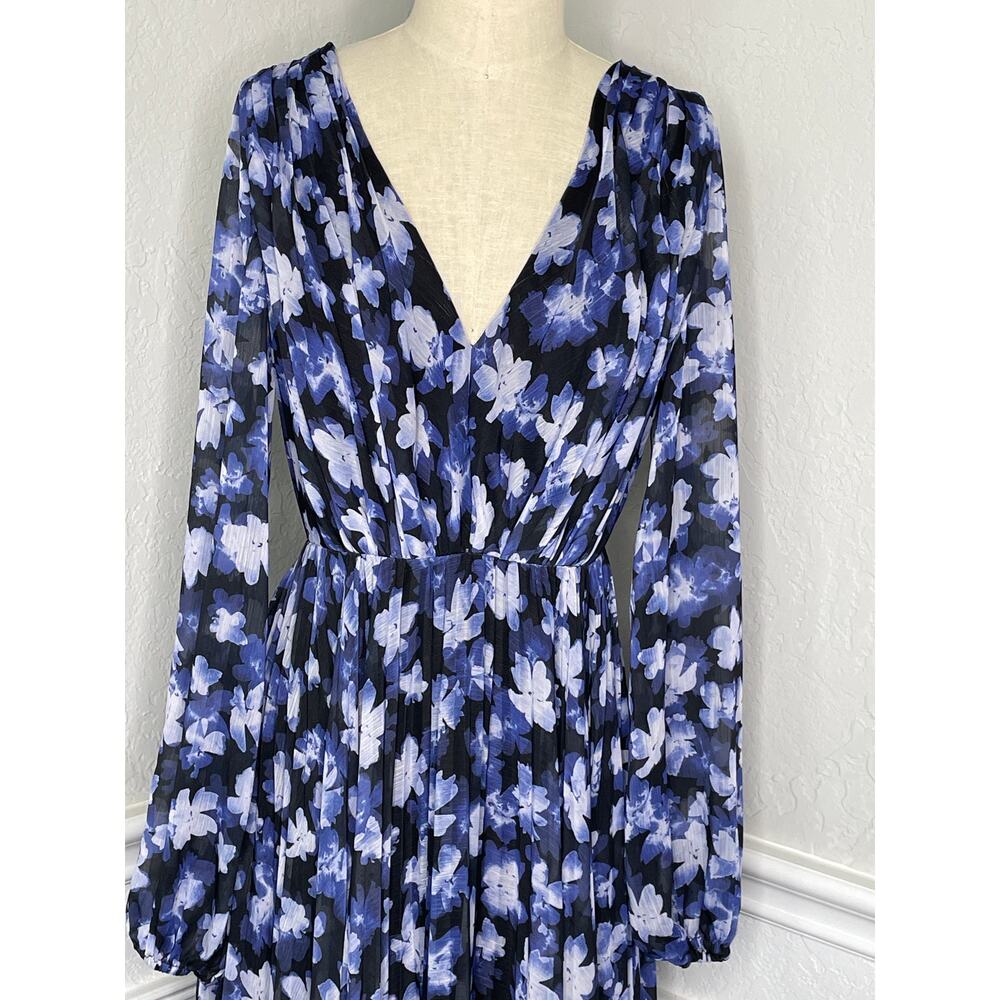 ML Monique Lhuillier Melanie Blue Floral Pleated Maxi Dress Size 4 - Picture 5 of 12